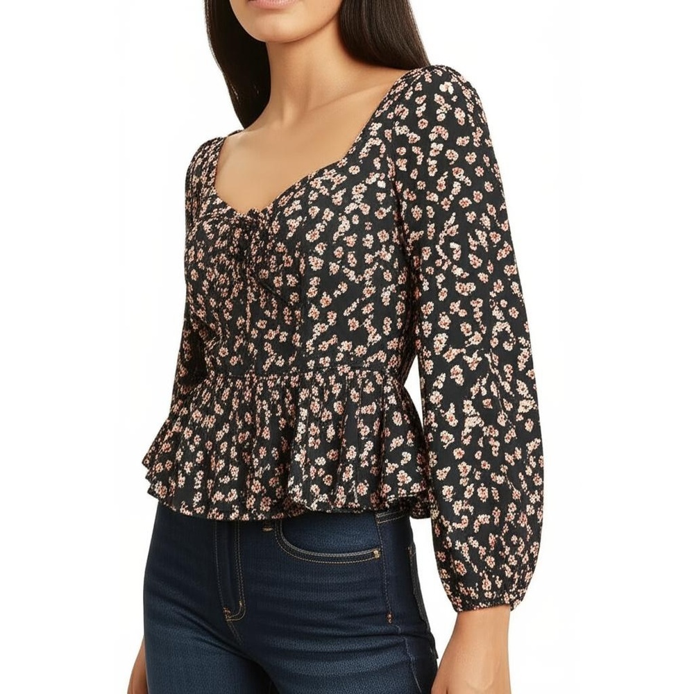 KINGSTON GREY Black Floral Print Peplum Ruched Long Sleeve Blouse Womens XL